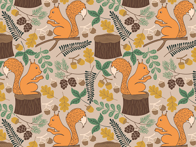 Squirrel pattern acorn leaves pattern pinecone squirrel