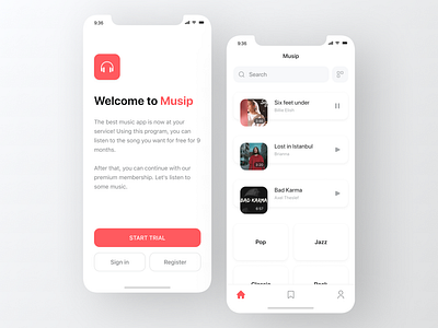 Listen to Music with Musip app application design light minimal music music player red ui ux web white