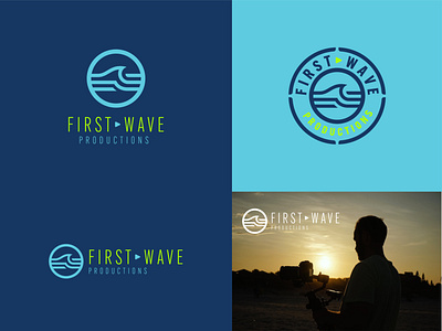 First Wave Productions badge beach blue branding button gaming icon lock up lockup logo ocean play sky ui vector video wave