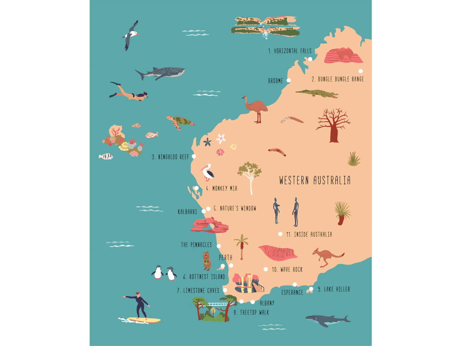 11 Wonders of Western Australia animated animation australia editorial illustration illustrated map illustration map illustration western australia