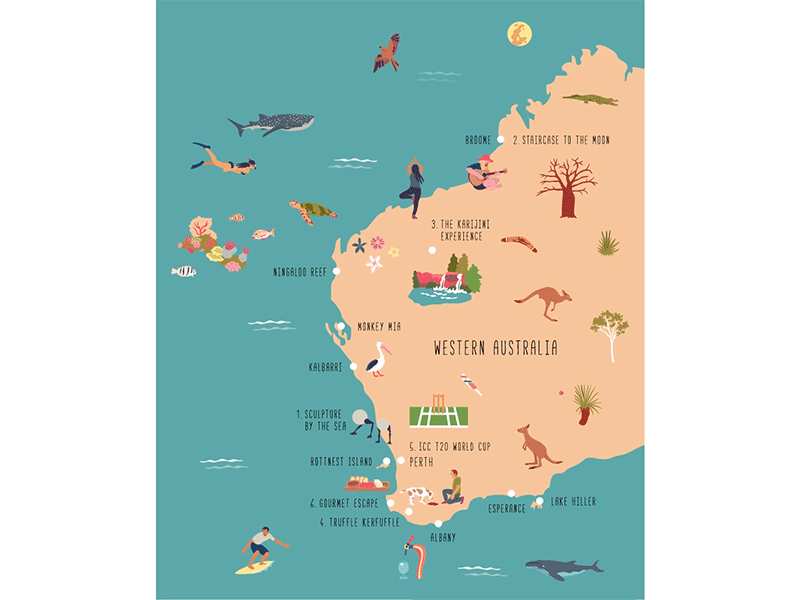 6 Reasons to visit Western Australia animated animation australia editorial illustration illustrated map illustration map illustration western australia