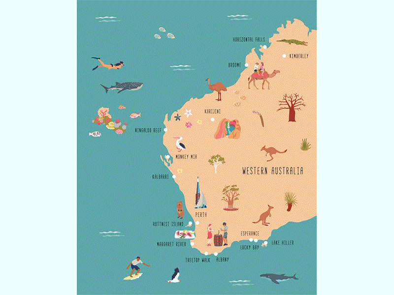 How to plan your trip to Western Australia animated animation australia editorial illustration illustrated map illustration map illustration western australia