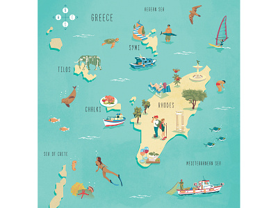 Rhodes, Greece culture editorial illustration greece history holidays illustrated map illustration map illustration mediterranean rhodes sea life summer travel
