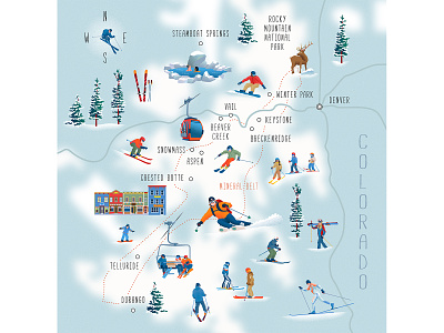 Colorado - Ski resorts colorado design editorial illustration illustrated map illustration map illustration rocky mountains ski resorts skiing snow usa winter winter sports