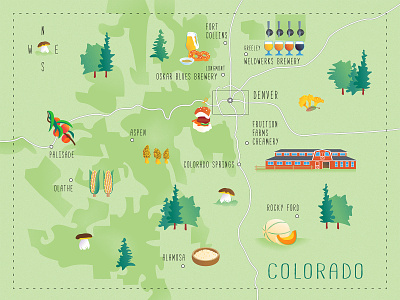 Colorado - Food brewery colorado corn destillery editorial illustration farm food illustrated map illustration map illustration mushrooms peaches rocky mountains