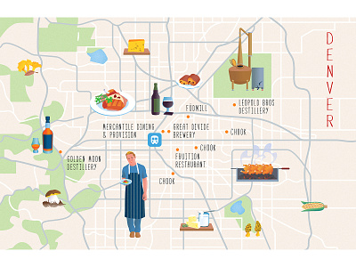 Denver - Food beer brewery cheese chef colorado cook denver design destillery drink editorial illustration food illustrated map illustration map illustration mushrooms restaurant whiskey