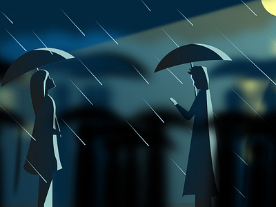 Rain city flat illustration moonlight rain umbrella vector
