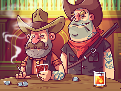 Grass Snakes bandits character cowboy funny gambling game illustration man vector wild west