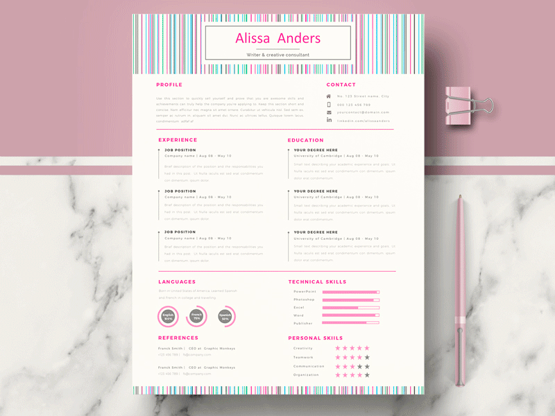 Creative CV Template for Word & Pages with Cover Letter a4 size cover letter creative cv creative resume curriculum cv minimal resume modern resume pages template pink resume resume design resume template us letter word template
