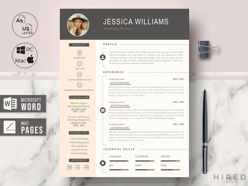Professional CV Template for Ms Word & Pages - JESSICA WILLIAMS a4 resume curriculum customizable resume cv cv for student editable cv executive resume graduate resume marketing manager ms word template professional cover letter professional resume resume design resume for pages resume layout resume template