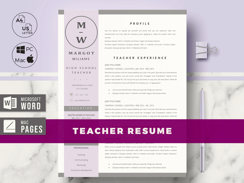 Teacher Resume Template; CV Template for Pages & MS Word -MARGOT a4 resume a4 size corporate resume cover letter template curriculum for teachers customizable resume elementary teacher cv instant download cv modern resume layout professional resume resume design resume for apple pages resume for educator resume for word resume template teacher resume