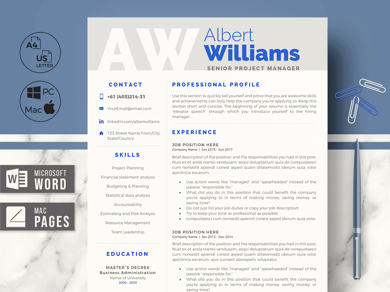 Professional Resume Template for Project Manager - ALBERT W 2 page resume 3 page resume a4 resume corporate resume cover letter cover letter template creative cv curriculum cv template easy edition resume instant downlaod resume modern resume professional resume project manager resume references page resume design resume layout resume template us letter resume