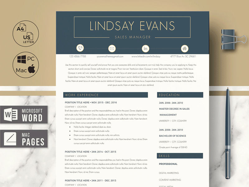 Modern Resume, CV template for Microsoft Word & Pages - LINDSAY a4 resume ats resume cover letter curriculum executive resume marketing resume modern resume resume design resume template sales manager resume stylish resume technical resume us letter resume