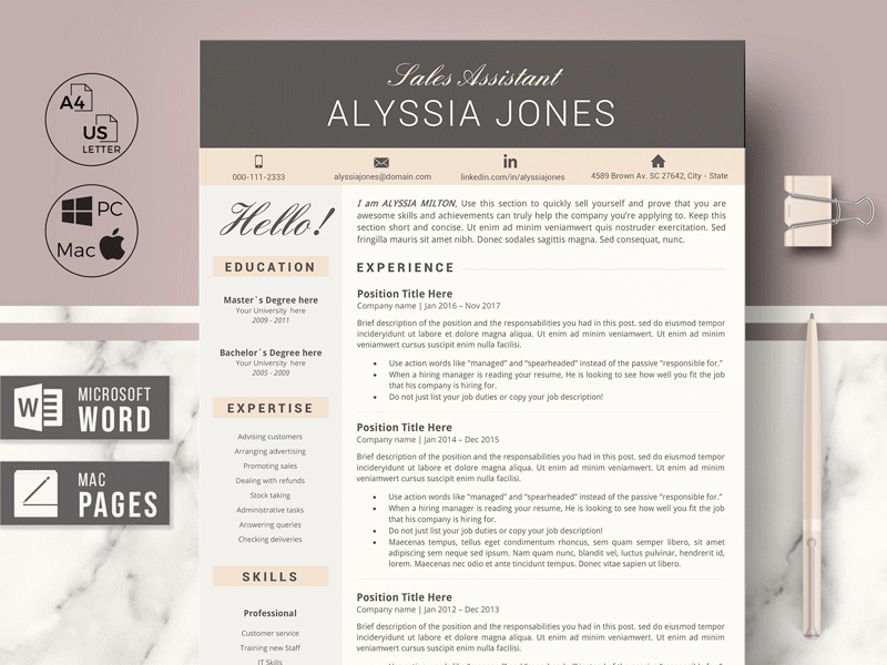 Modern Resume, Curriculum template for Word and Pages - Alyssia curriculum vitae cv cv for pages instant download cv modern resume ms word cv ms word resume original resume pages resume resume design resume for apple pages resume layout resume template resume to stand out sales assistant resume