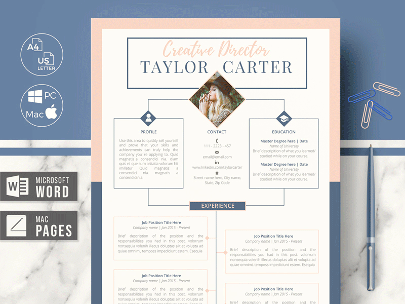 CV Design, Creative CV, Resume template for Word & Apple Pages