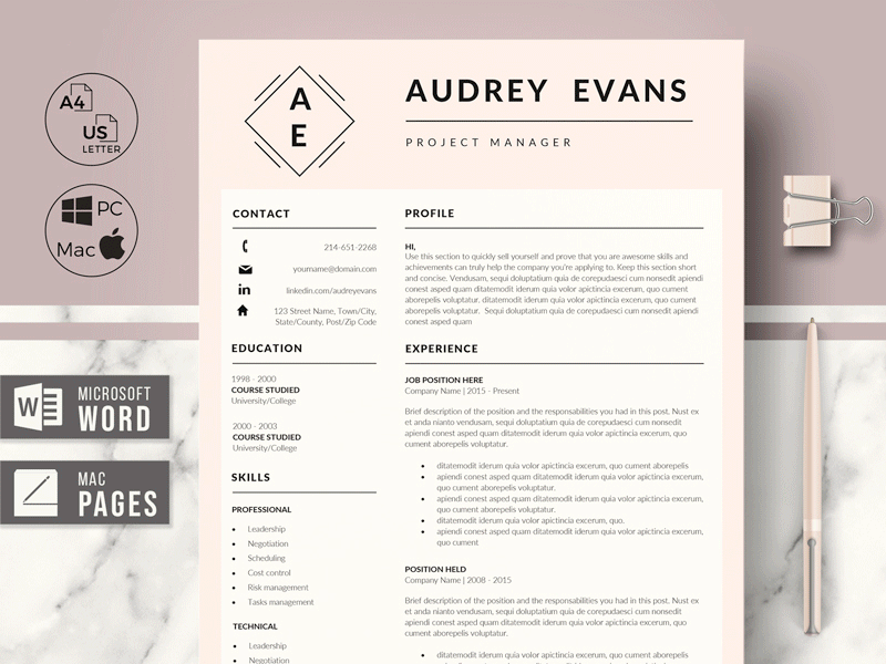 Instant download Resume + Cover Letter + Resume writing guide cover letter creative cv creative resume curriculum cv iconset instant download cv pink resume professional cover letter professional resume project manager resume design resume layout resume template resume writing guide social media icons