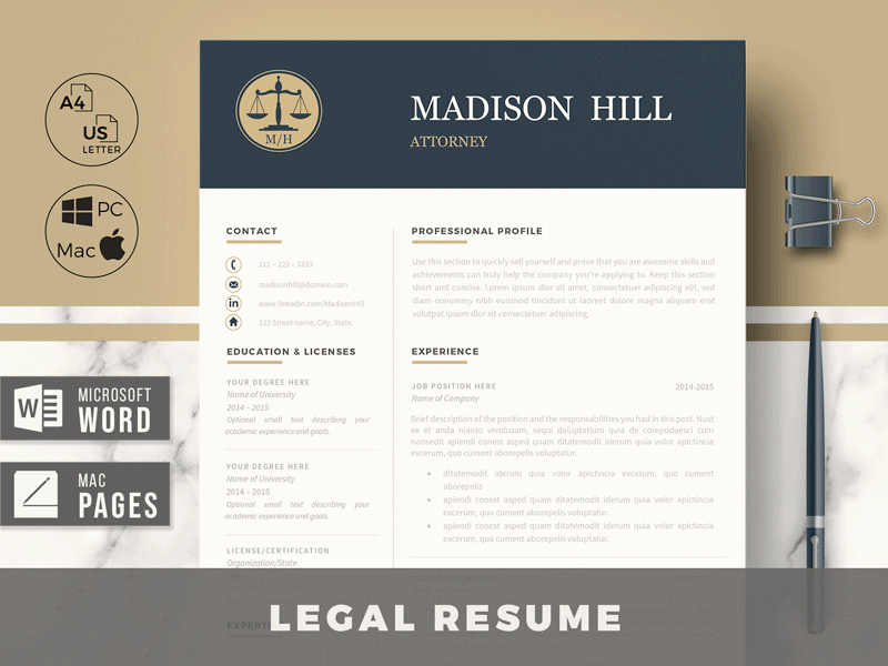 Attorney Resume Template with Cover Letter for Word & Pages