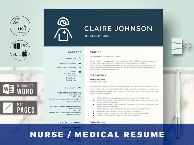 Registered Nurse Resume Template for Word & Pages - RN CV Claire