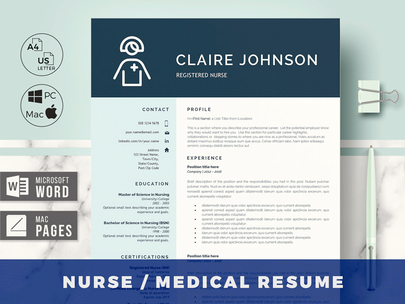 Nursing Portfolio Template, Simple Modern, Registered Nurse Template,  Resume Template Word, RN Resume, Nursing Portfolio, Nurse Portfolio 