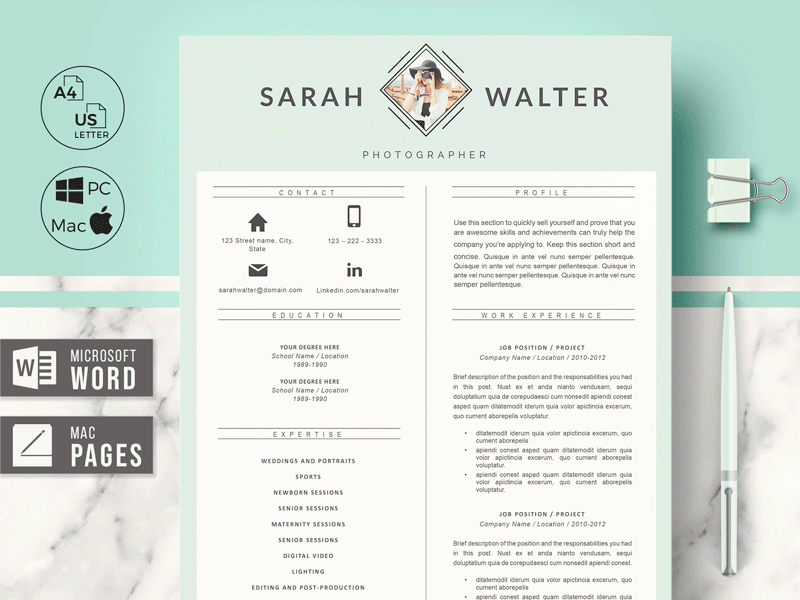 Resume + Matching Cover Letter + References page + Tips + icons