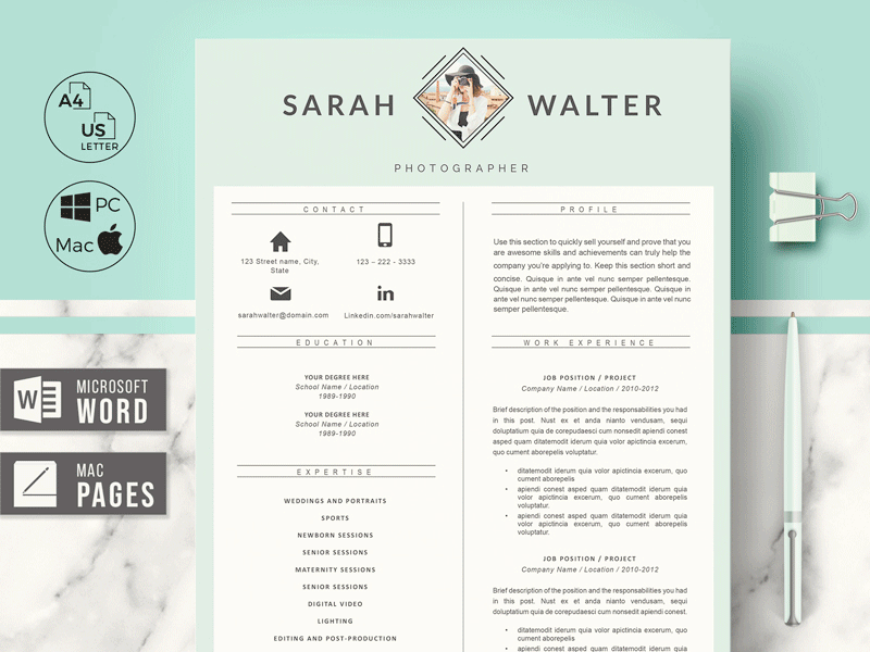 Resume + Matching Cover Letter + References page + Tips + icons apple pages resume career advice career coach cover letter cover letter template creative cv curriculum cv easy edition resume instant download resume modern cv modern resume ms word resume professional cover letter resume design resume layout resume template