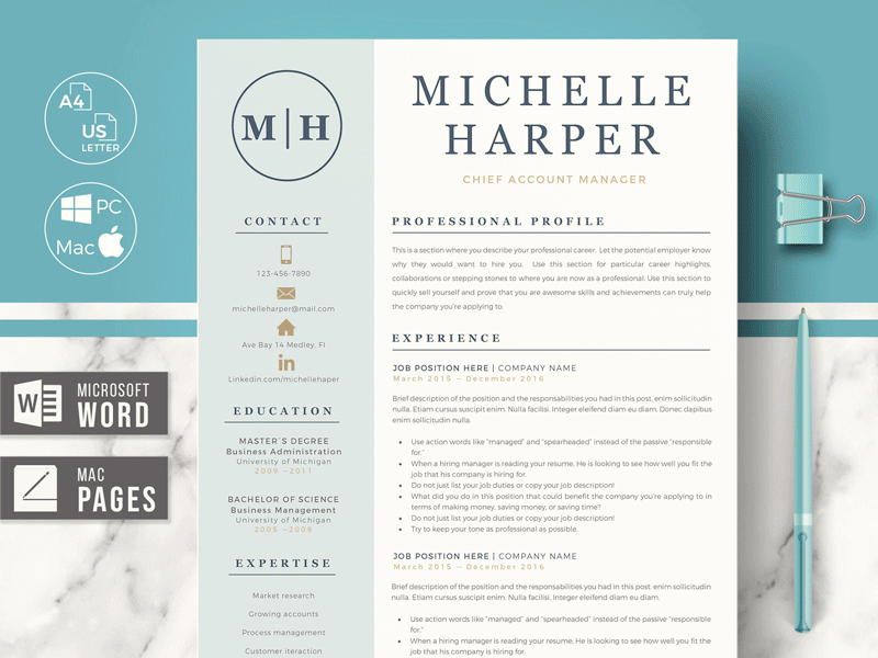 Professional & Modern Resume Template for Word & Pages MICHELLE c level resume corporate resume curriculum customizable resume cv free resume writing guide get hired modern resume professional cover letter professional resume resume resume for pages resume for word resume layout resume revamp package resume template resume template design resume to land job interviews resume to stand out stylish resume