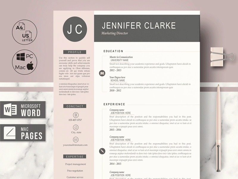 Professional & Modern CV Template with Cover Letter - Jennifer cv layout cv template cv writing guide free resume writing fully editable cv instant download resume job search resume lebenslauf matching cover letter modern curriculum modern resume template professinal cv professional resume resume for mac pages resume for ms word resume template