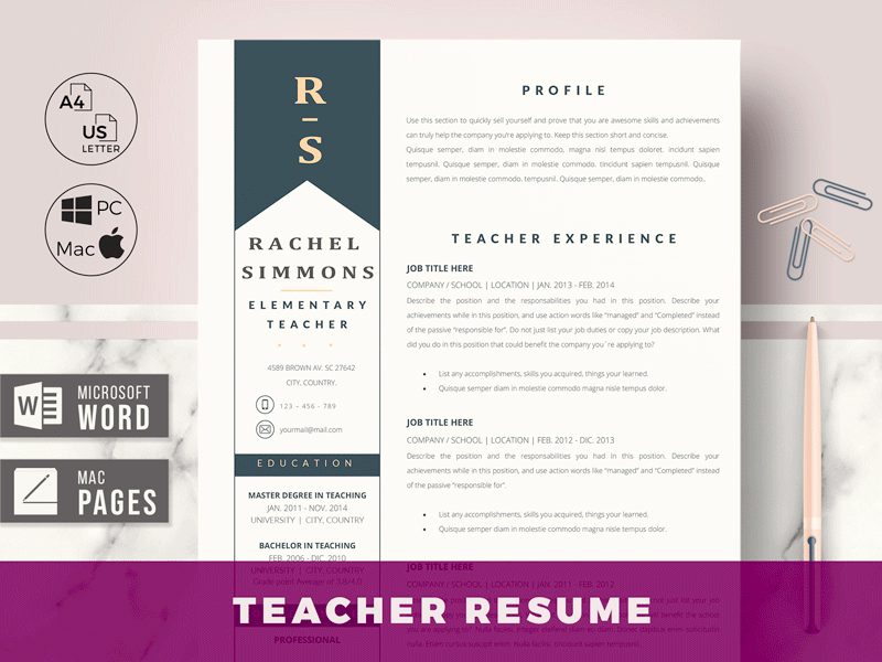 Elementary Teacher Resume Template for Word & Pages - Rachel