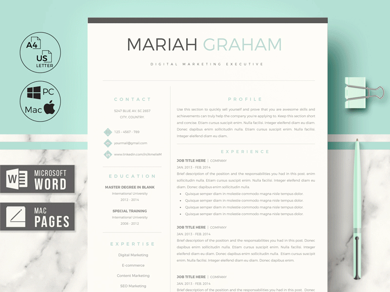 Professional Resume Template and Cover Letter for Executives clean resume curriculum cv easy edition resume graduate resume lebenslauf vorlage marketing resume matching cover letter modern resume printable resume professional resume resume design resume layout resume template resume to stand out resume with tips tricks student resume stylish resume