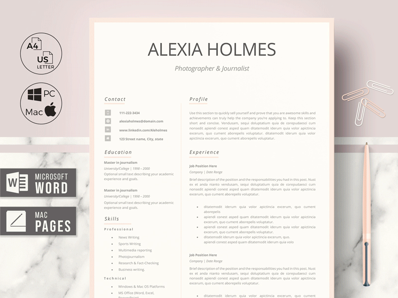 Modern Resume Design for Word & Pages + Samples + icons