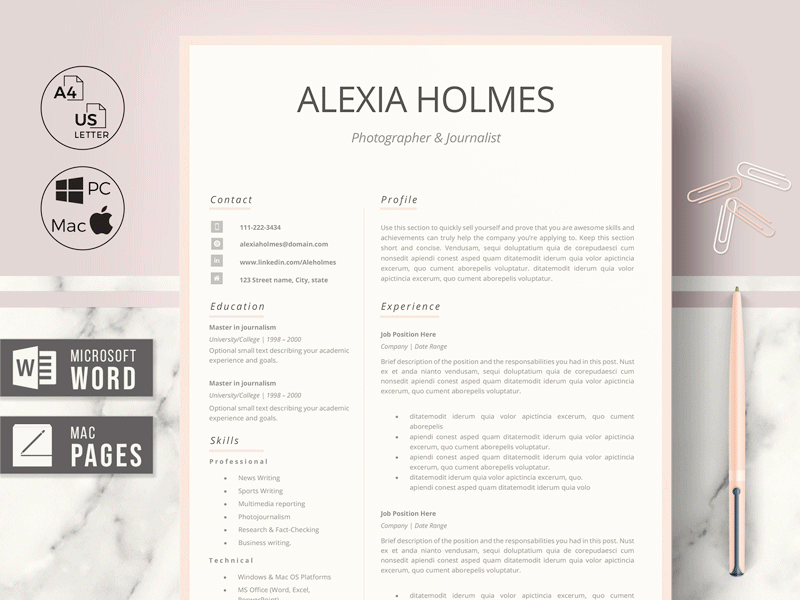 Modern Resume Design for Word & Pages + Samples + icons curriculum vitae customizable resume cv cv layout cv package get hired get landed icon set job inverview tips land a job lebenslauf vorlagem modern resume pink resume design printable resume resume design resume pack resume sample resume set resume template screen resume