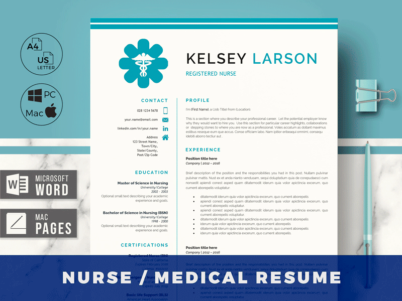 RN Nurse Resume Template for Word & Pages + Cover Letter