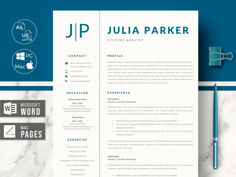 Cover Letter Format. Word & Pages Professional Resume Template