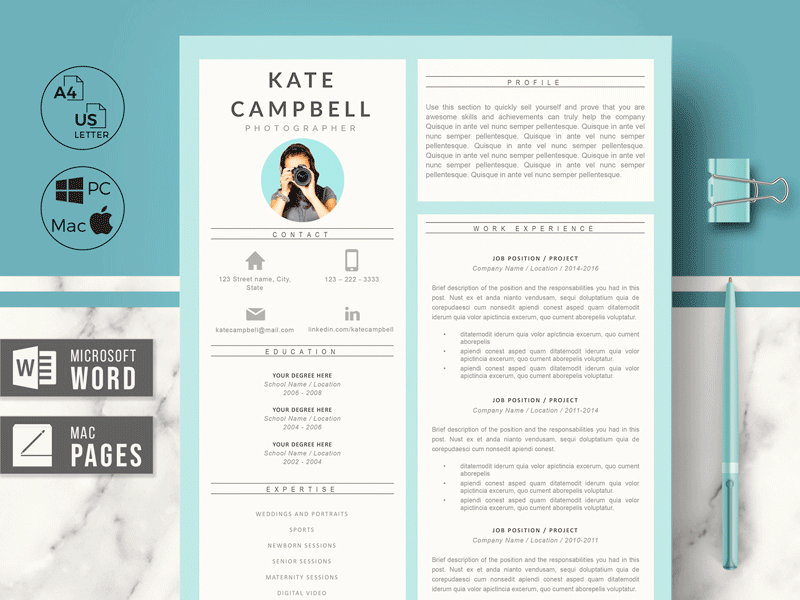 Creative and Modern Resume Template + Cover letter format - KATE