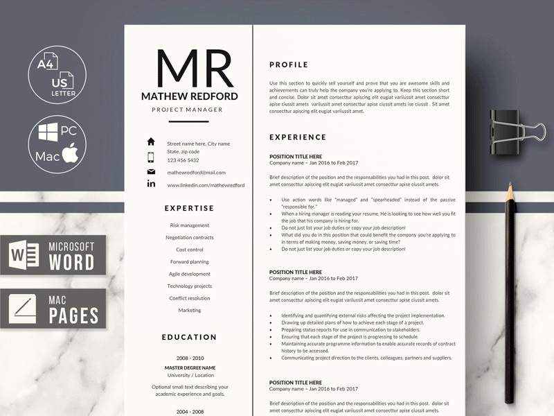 Minimalist Resume, CV for Word & Pages and Cover Letter format