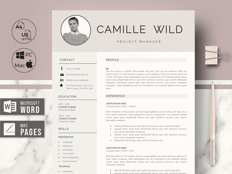 Professional CV Template with photo & Matching Cover Letter