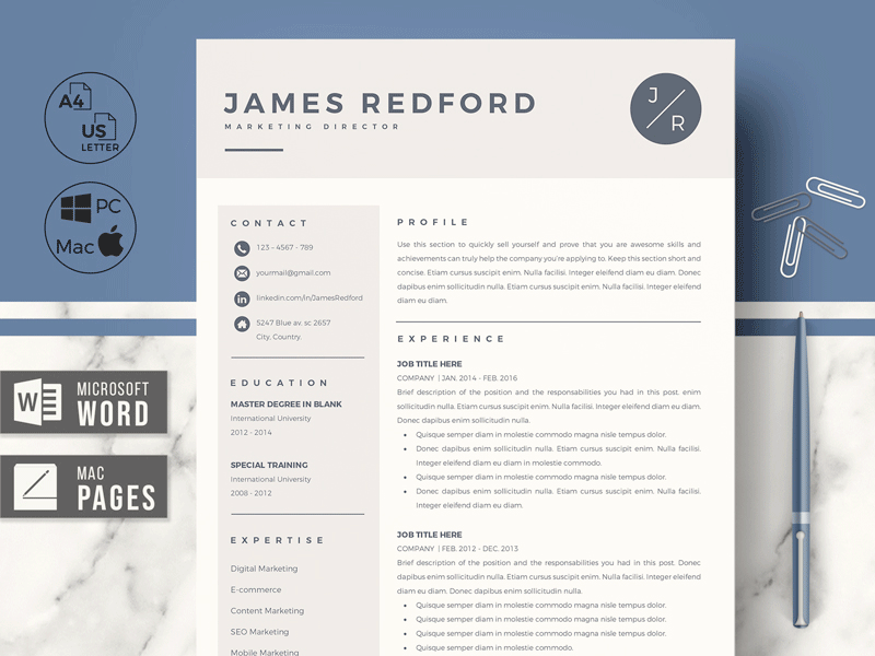 Resume CV Template for Marketing Director + Cover Letter format