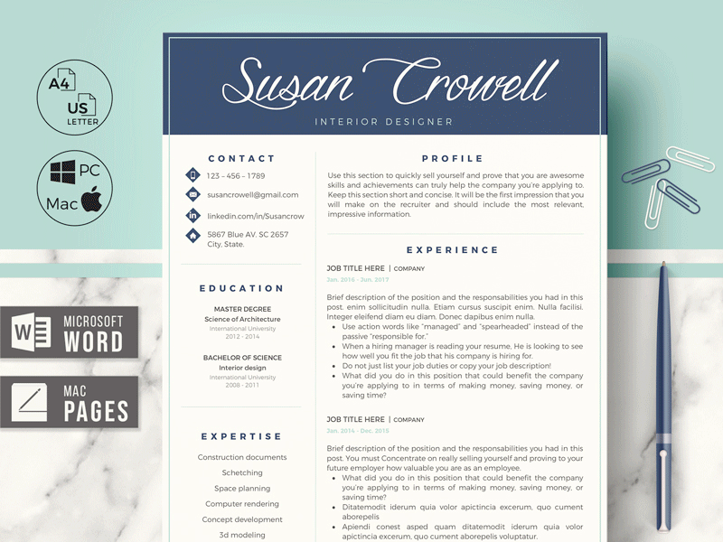 Creative Resume Template for Mac Pages and Word + cover letter action verbs application letter career development cover letter format cover letter template cover letter tips creative curriculum creative resume curriculum cv cv design cv examples job interview tips professional resume resume cv resume foe word resume for mac resume layout resume sample resume template