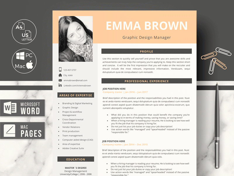 Modern Resume CV Template with Photo and Cover Letter Format