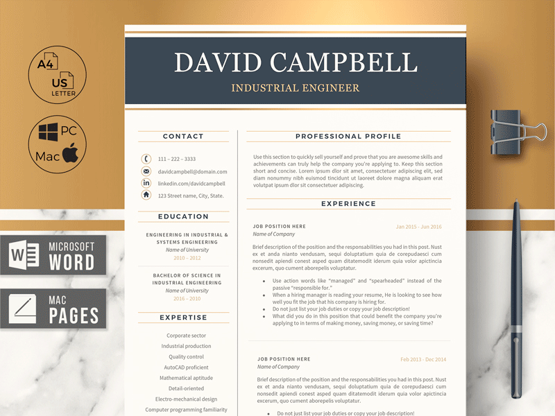 Modern Resume for Engineers with Matching Cover Letter Format