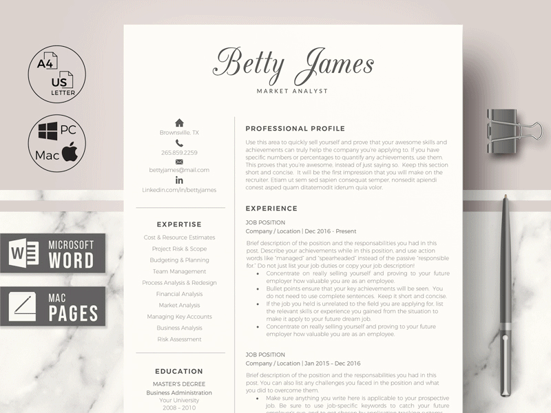 Professional & Modern Resume Template for Market Analyst - BETTY