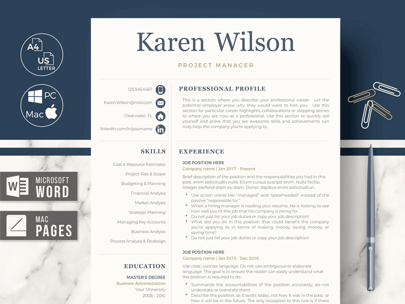One Two & Three Page Professional Resume Layout for Word & Pages