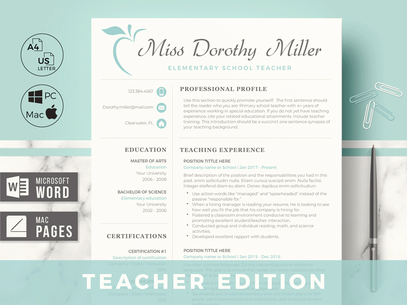 Elementary Teacher CV, Resume + Cover Letter + References page