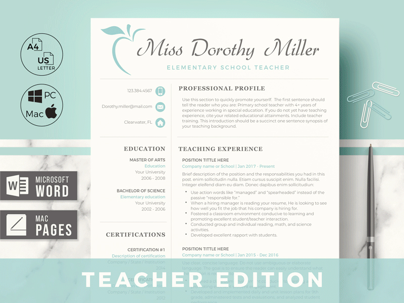 Elementary Teacher CV, Resume + Cover Letter + References page career advice career coach cover letter for teachers cover letter format curriculum education resume elementary teacher resume free resume high school teachers icons for cv instant download middle school teachers modern resume professional resume resume resume layout for educators resume with icons stylish cv stylish resume teacher cv