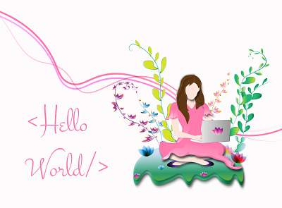 Hello World!!! branding design dribble girl hello hello dribble hello world illustration laptop presentation typography ui ux vector web