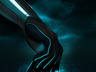 Tron hand 80s action cards glove hand horizon lights motion neon robot teal tron