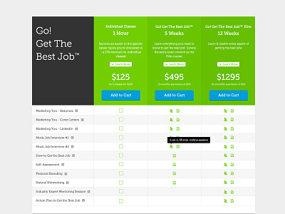 Courses Table Design add to cart classes courses grid jobs package pricing table tooltip