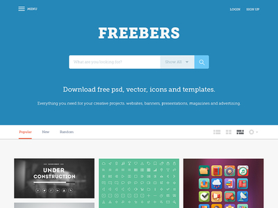 Freebers - Free Web Template (PSD) filter flat design freebies graphic design landing page psd search search engine tabs template web design web template