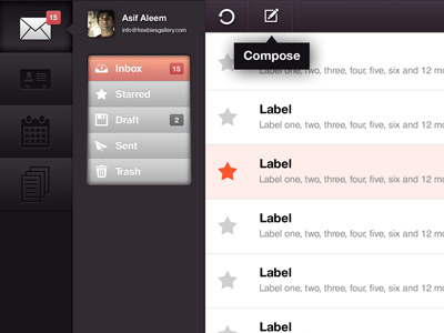 iPad App Design - Retina Display - Email Client (PSD) app buttons compose design dropdown email email client freebie gui ipad list view menu notifications profile psd refresh retina retina display sidebar template ui ui design user interface user profile