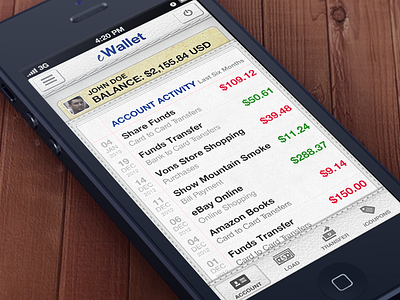 eWallet - Account Activity app credit card ios leather mobile app navigation texture ui ux white